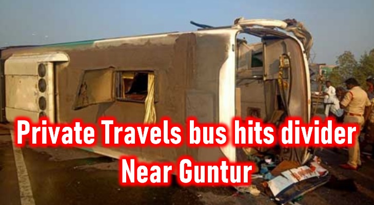  Private Travels Bus With 37 Passengers Hits Divider Near Guntur!-TeluguStop.com