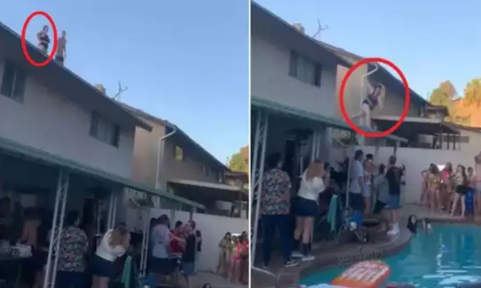  Womans Attempt To Jump Into Pool From Roof Goes Horribly Wrong, Womens, Swiming-TeluguStop.com