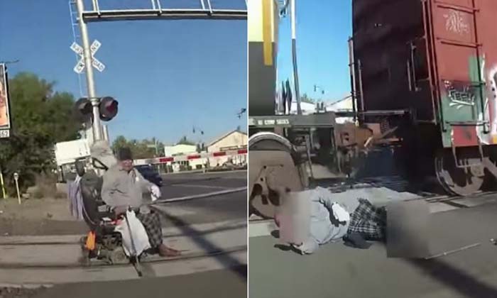  Officer Saved, Man, Wheelchair Stuck, Train Tracks, Video Shows-TeluguStop.com