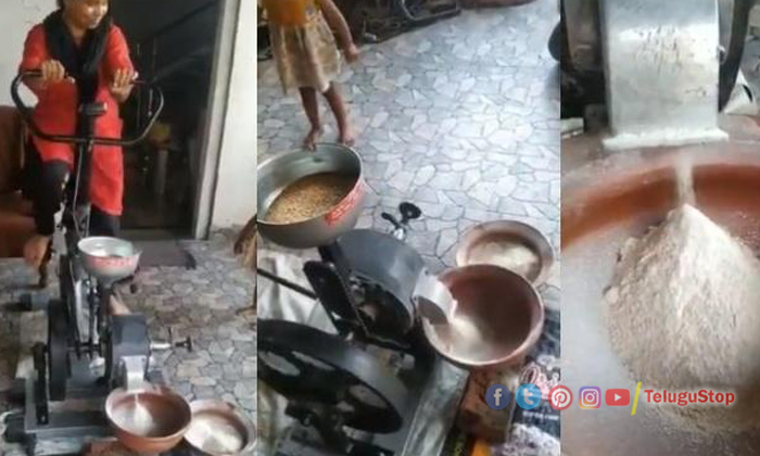  Woman Cycling To Grind Flour,bicycle ,grinding Flour, Woman Cycling, Viral Video-TeluguStop.com