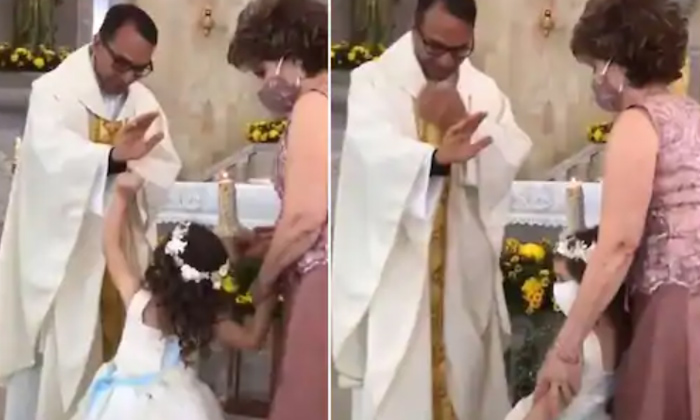  Girl High-fives Priest Who Raised His Hand To Bless Her, Church Father, Blessing-TeluguStop.com