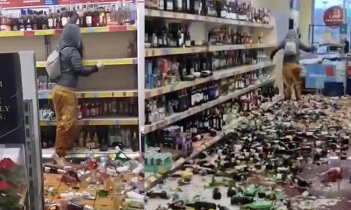  Woman Smashes 500 Bottles Of Liquor On Supermarket Floor,woman Smashes, 500 Liqu-TeluguStop.com
