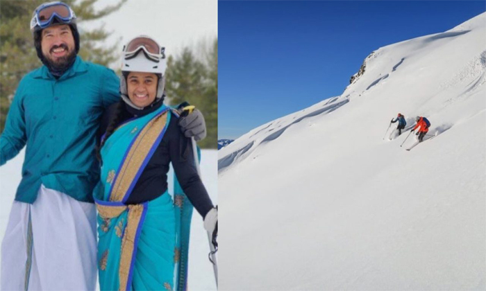  Nri Couple Skiing In Sari And Panche In Snow, Viral News, Viral Videos, Snow, Sk-TeluguStop.com