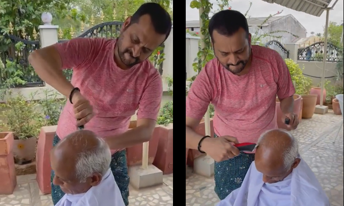  Video Bandla Ganesh Doing Hair Cutting To His Father Due To Corona , Bandla Gane-TeluguStop.com