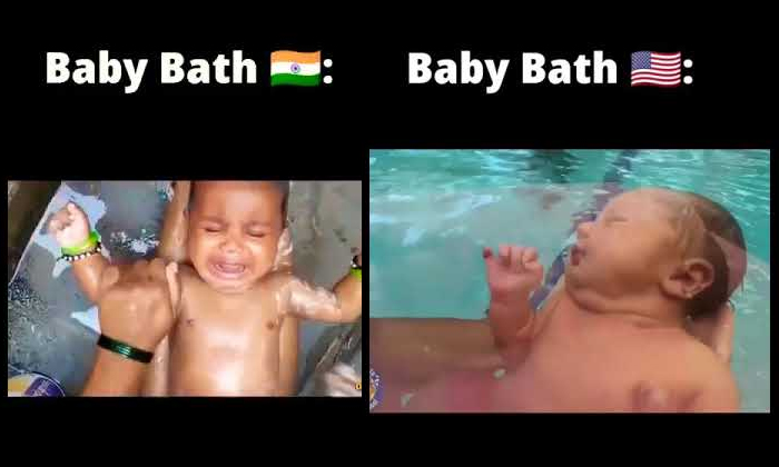  America Vs India In Bathing Babies You Should Watch This Funny Video, Childrens-TeluguStop.com