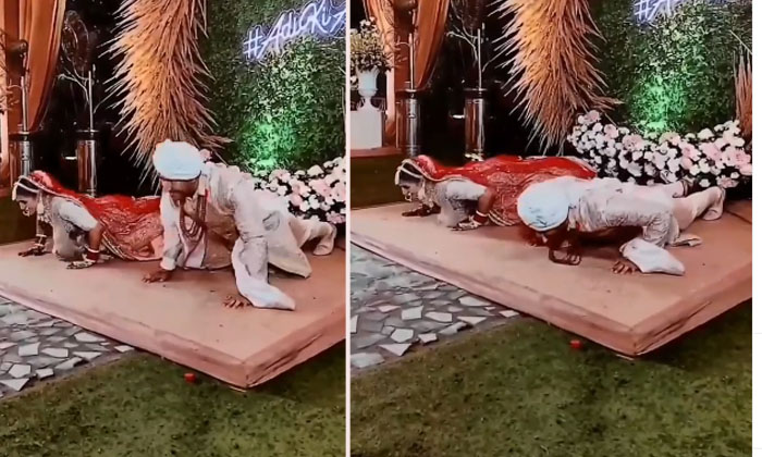  Bride & Groom Do Push-ups On Wedding Stage Video Goes Viral, Viral Video, Viral-TeluguStop.com
