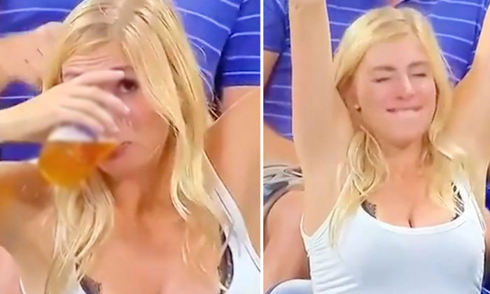  Woman Chugs Two Beers After Coming On The Big Screen At The Us Open, Viral Video-TeluguStop.com