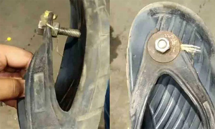  This Is No Ordinary Idea Bro  A Man Fitted With Nut Bolts To Sandals, Sandals, N-TeluguStop.com