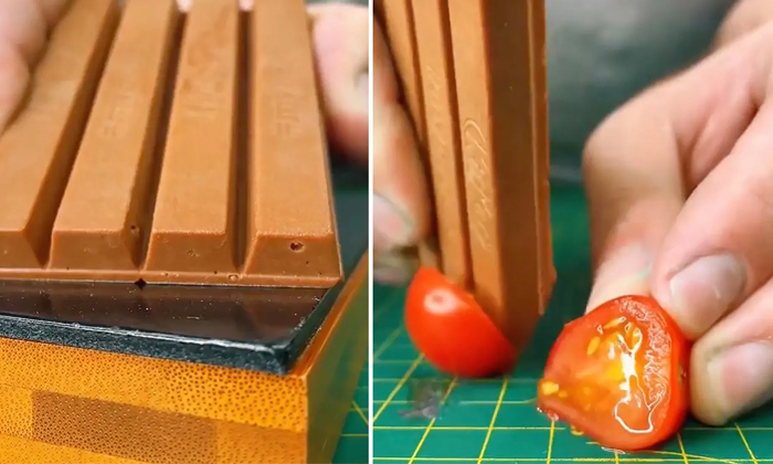  Man Uses Kitkat As A Knife To Slice Tomato In Bizarre Viral Video Details, Man C-TeluguStop.com