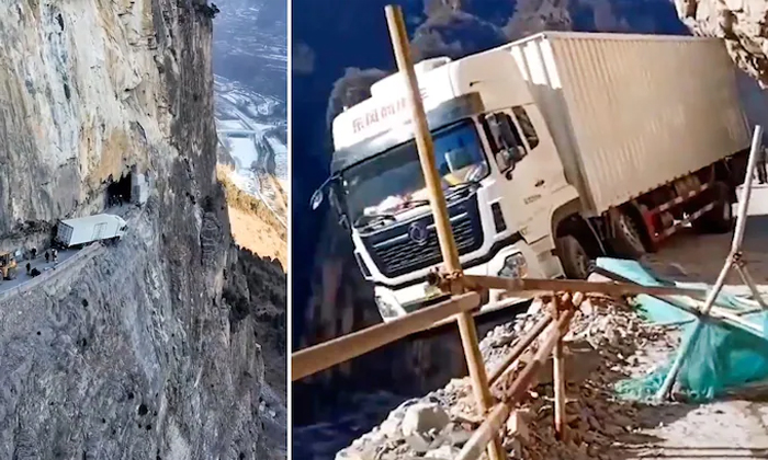  Truck Dangles From 330 Feet Cliff Due To Gps Error In China Details, 339 Feets,-TeluguStop.com