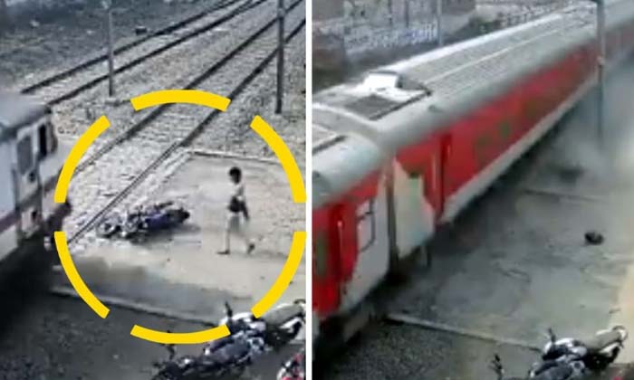  Rajdhani Express Train Hits Biker Crushes In Moments , Viral Latest , Viral-TeluguStop.com