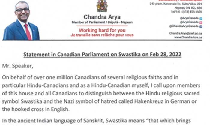  Indian-origin Mp Urges Canada To Distinguish Between Swastik , Nazi Symbol, Hazk-TeluguStop.com