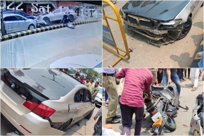  K'taka: 2 Injured As Bmw Driver Loses Control, Jumps Divider-TeluguStop.com