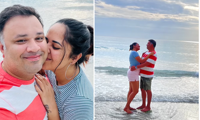  Anasuya Giving A Lip Kiss To Her Husband On The Beach Photos Going Viral , Anas-TeluguStop.com