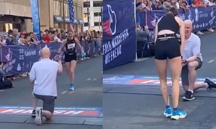  Man Proposes To Girl Friend When She Reaches To Finish Line In Buffalo Marathon-TeluguStop.com