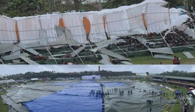 Stand Collapses In Heavy Rain At Galle Stadium Stand Collapses In Heavy Rain At Galle Stadium-TeluguStop.com