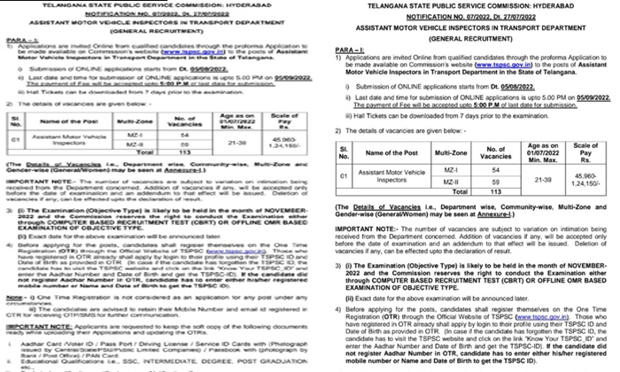  Tspsc Issued Notification For Filling Up 113 Assistant Motor Vehicle Inspector P-TeluguStop.com