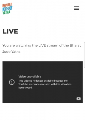  Cong's Bharat Jodo Yatra Youtube Channel Faces Glitch On First Day-TeluguStop.com