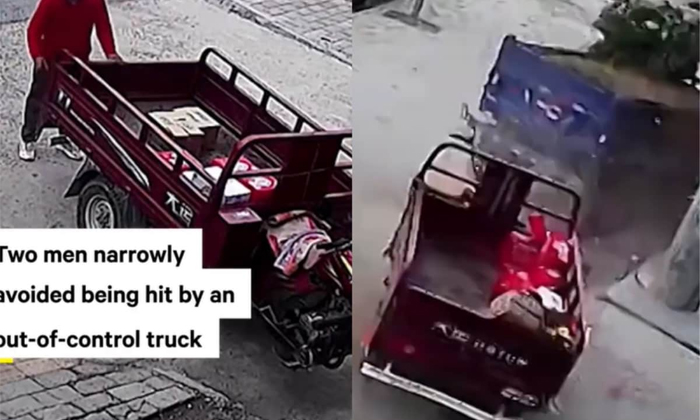  Two Men Narrowly Avoided Being Hit By Out Of Control Truck Video Viral Details,-TeluguStop.com
