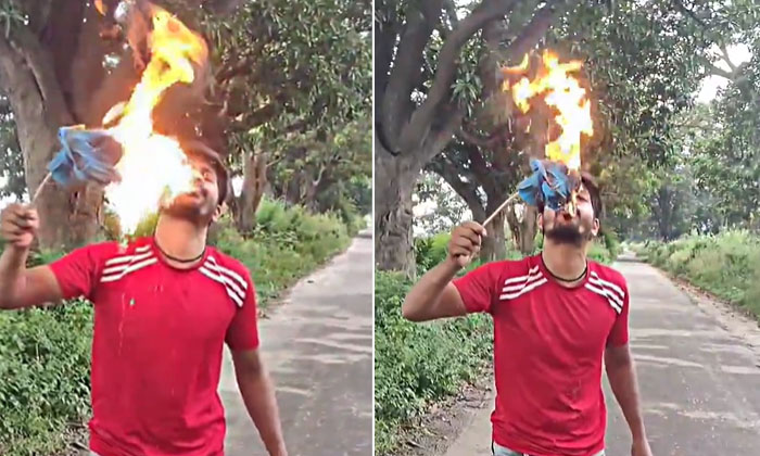  Fire Coming Out Of The Mouth Fire Stunt, Mouth Fire Video, Viral Video, Gone Wro-TeluguStop.com