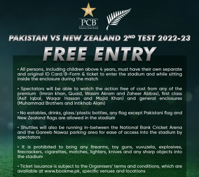  Pcb Announces Free Entry For Fans For The Second Test Between Pakistan, New Zeal-TeluguStop.com