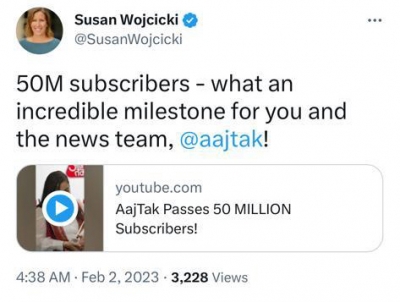  Ceo Susan Wojcicki Congratulates Aaj Tak On Becoming World’s Most Subscrib-TeluguStop.com