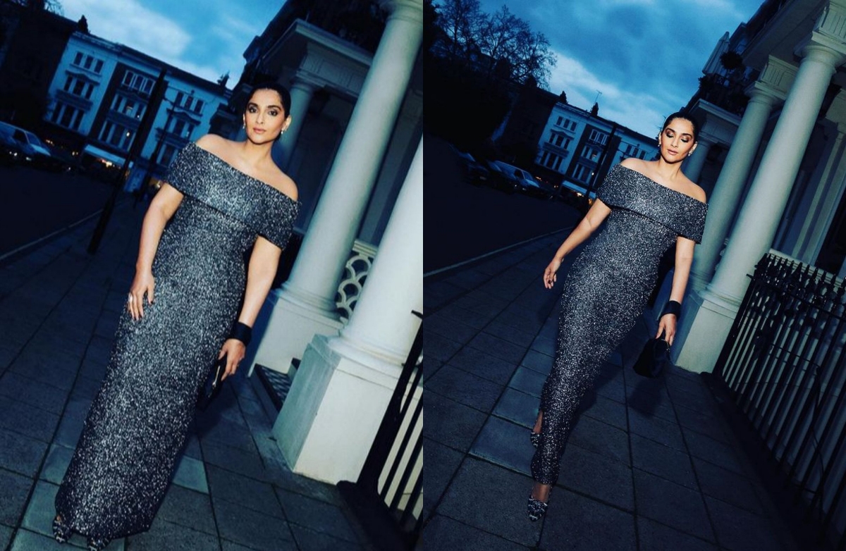  Sonam Kapoor Shines In Shimmery Grey Gown In London-TeluguStop.com