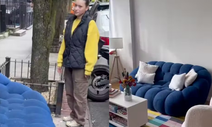  Woman Thrifts Blue Sofa From Nyc Streets Viral Video,new York Streets,viral Vide-TeluguStop.com