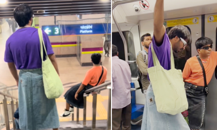  Men Wears Skirt In Delhi Metro Video Viral Details, Gent, Wear, Latest News, Vi-TeluguStop.com