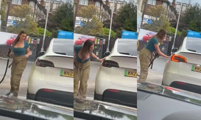  Woman Trying To Fuel Up Electric Tesla Car Video Viral Details, Electric Cars, T-TeluguStop.com