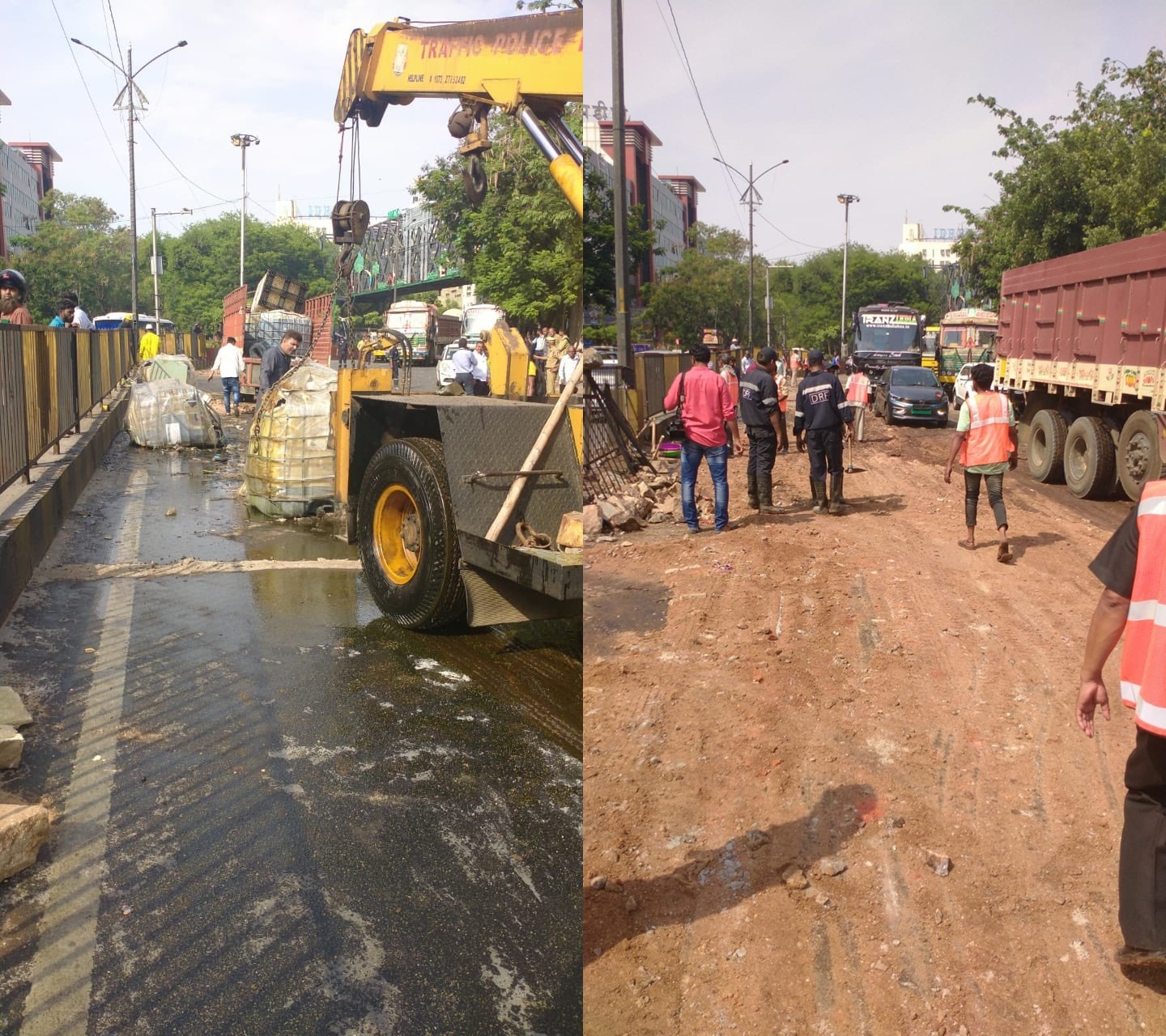  Oil Spillage On Hyderabad Road Leads To Massive Traffic Jam-TeluguStop.com