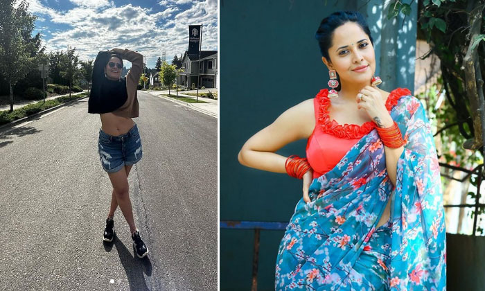  Anasuya Raises Her Hands On The Road And Provokes With The Beauty Of Her Navel-TeluguStop.com