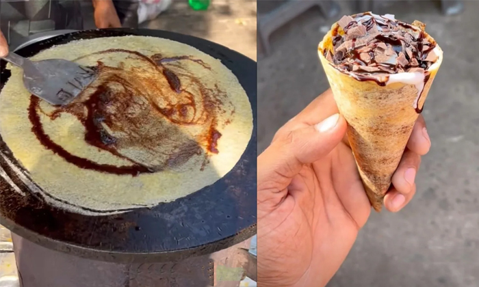  Dosa Cone Made With Ice Cream And Chocolate Video Viral Details, Dosa, Ice Cream-TeluguStop.com