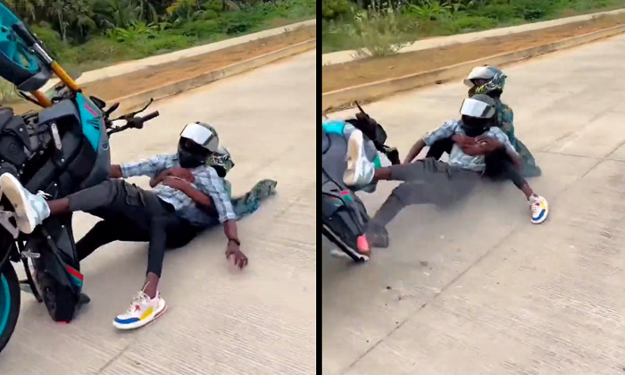  Couple Fell Down After Bike Stunt Misfire Video Viral Details, Viral News, Lates-TeluguStop.com