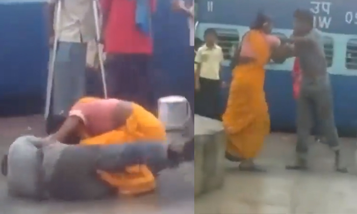  Wife Beat Husband At Railway Station Video Viral Details, Wife, Husband, Viral N-TeluguStop.com