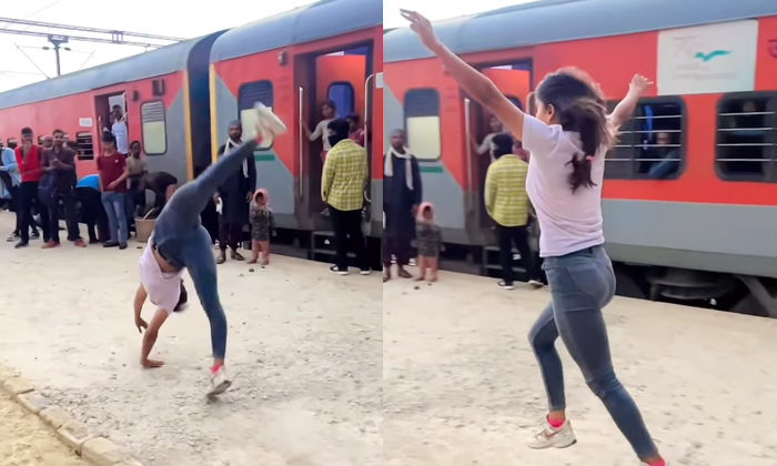  Girl Performs Incredible Stunts On Railway Platform,girl Stunts,viral Video,rail-TeluguStop.com