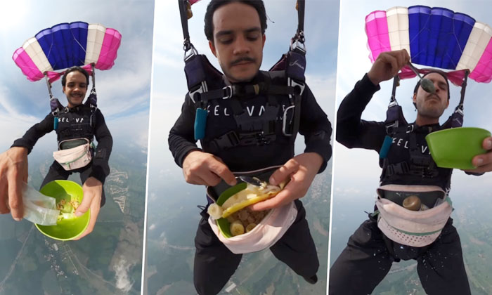  Man Prepares And Eats Cereal Meal In Skydive Video Goes Viral Details, Woman, Vi-TeluguStop.com