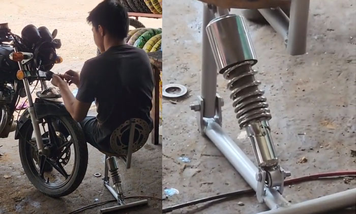  Mechanic Makes A Cozy Chair From Bike Suspension And Disc Brakes Video Viral Det-TeluguStop.com