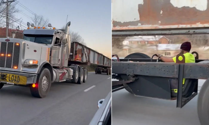  Two Drivers Seen Driving A Long Truck Like Vehicle Video Viral Details, Viral, L-TeluguStop.com