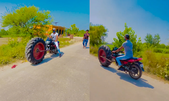  Bajaj Pulsar Bike With Tractor Tyre Video Viral On Social Media Details, Viral N-TeluguStop.com