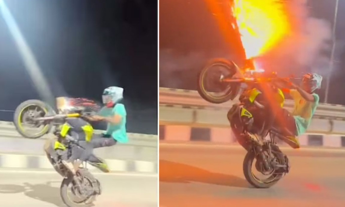  Tamil Nadu Man Performs Stunt On Bike With Crackers Video Viral Details, Bike, V-TeluguStop.com