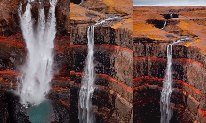  The Amazing View Of Iceland Hengifoss Waterfall Video Viral Details, Hengifoss W-TeluguStop.com