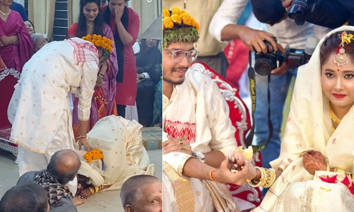  Groom Touches Brides Feet Video Viral On Social Media-TeluguStop.com