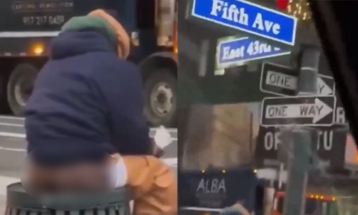  Man Defecating In Trash Bin On Busy New York Street Video Viral-TeluguStop.com