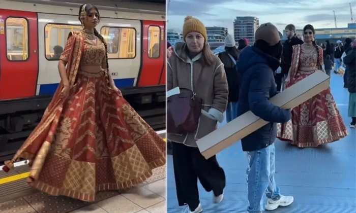  Woman Walking In The Streets Of London With Desi Lehenga Video Viral-TeluguStop.com