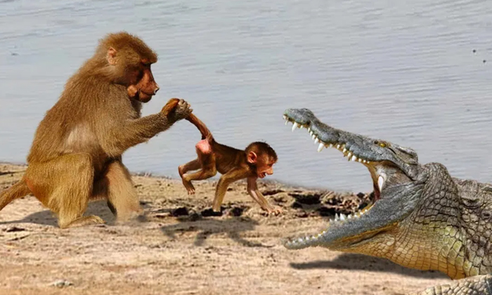  Monkey Called Baboon Fought With Crocodile To Save Her Child Viral Video-TeluguStop.com