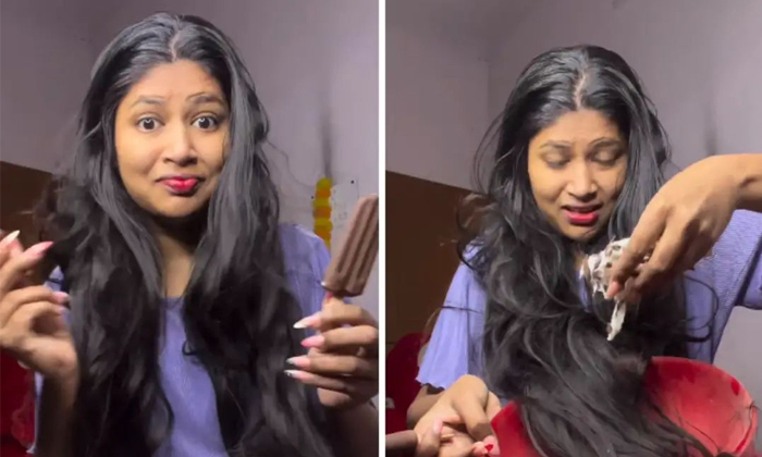  Woman Used Ice Cream As Hair Colour Crazy Life Hack Video Viral-TeluguStop.com