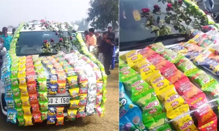  Groom Arrives At Wedding Venue In Car With Chips Packet Decor Video Viral Detail-TeluguStop.com