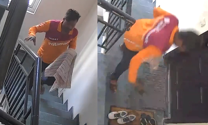  Swiggy Delivery Man Steals Shoes Kept Outside Flat In Gurugram Video Viral Detai-TeluguStop.com