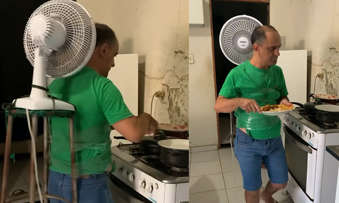  Man Tied Table Fan To His Back And Starts Cooking,fan, Viral Video, Viral News,-TeluguStop.com